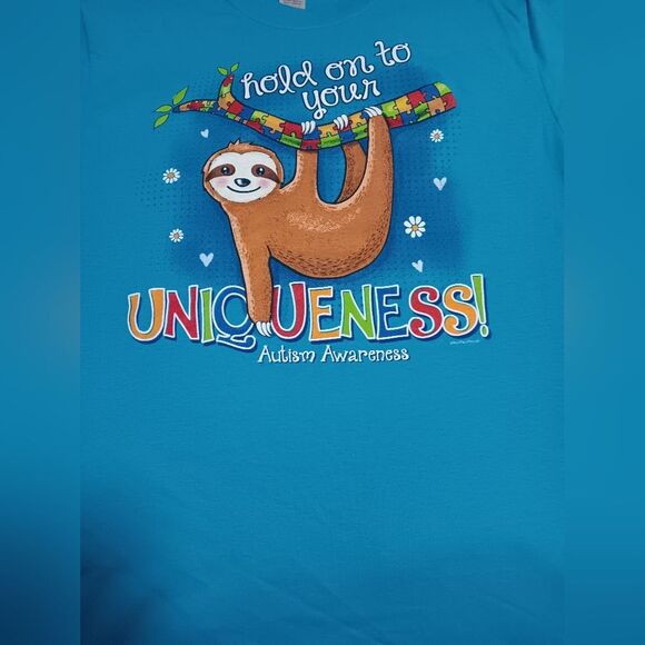 Autism Awareness Hold on to your Uniqueness Sloth T-Shirt Gildan Heavy Cotton - Picture 3 of 7